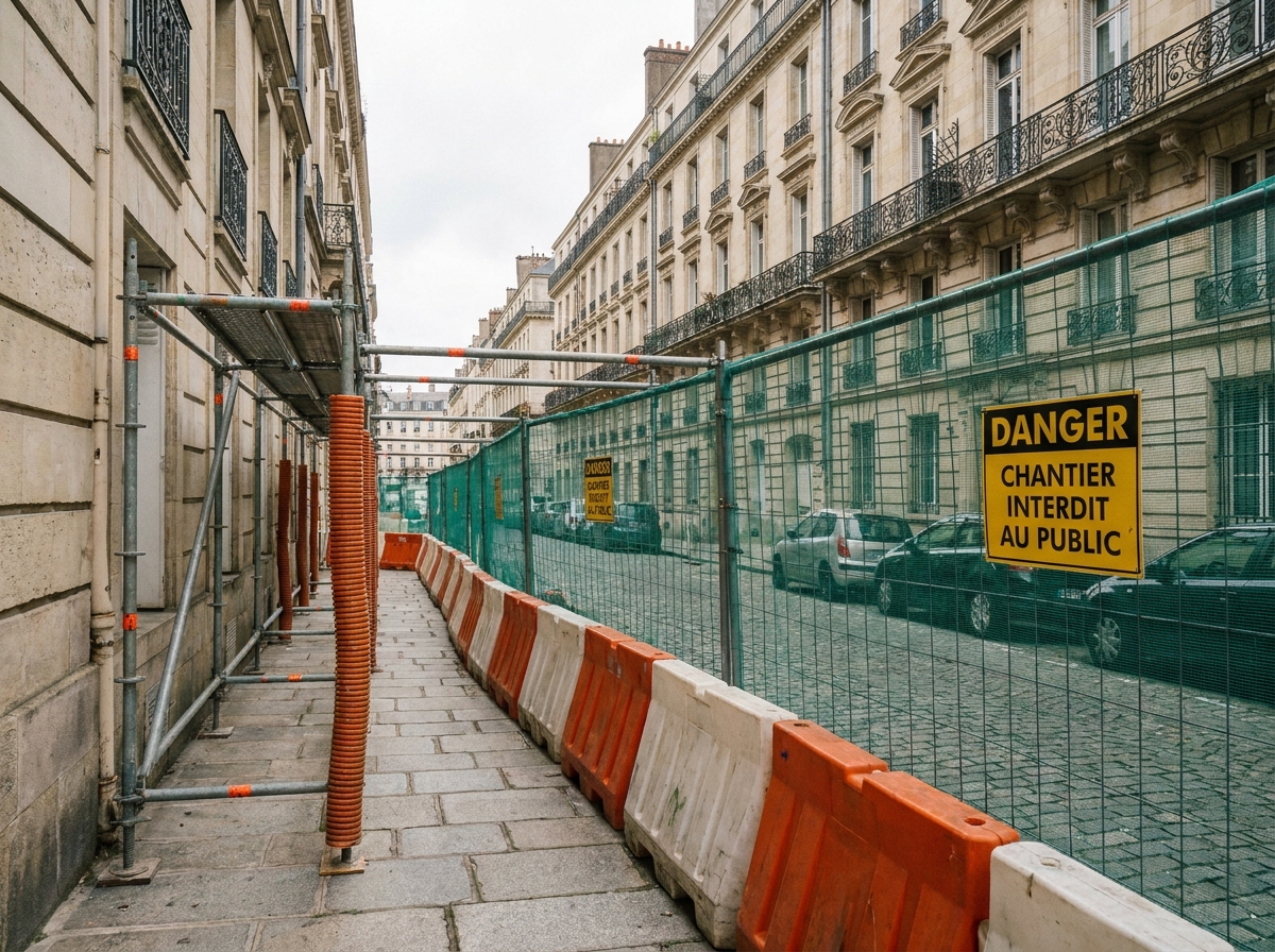 Clôture de sécurité temporaire et barrières orange délimitant un périmètre de chantier sur un trottoir à Nantes