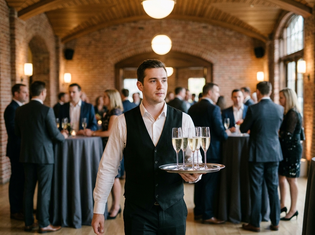 Serveur professionnel portant un plateau de champagne lors d'un cocktail d'entreprise haut de gamme