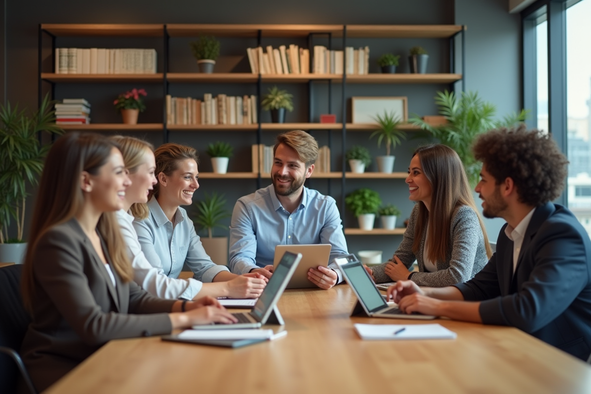 Équipe diversifiée en discussion dans un espace de travail