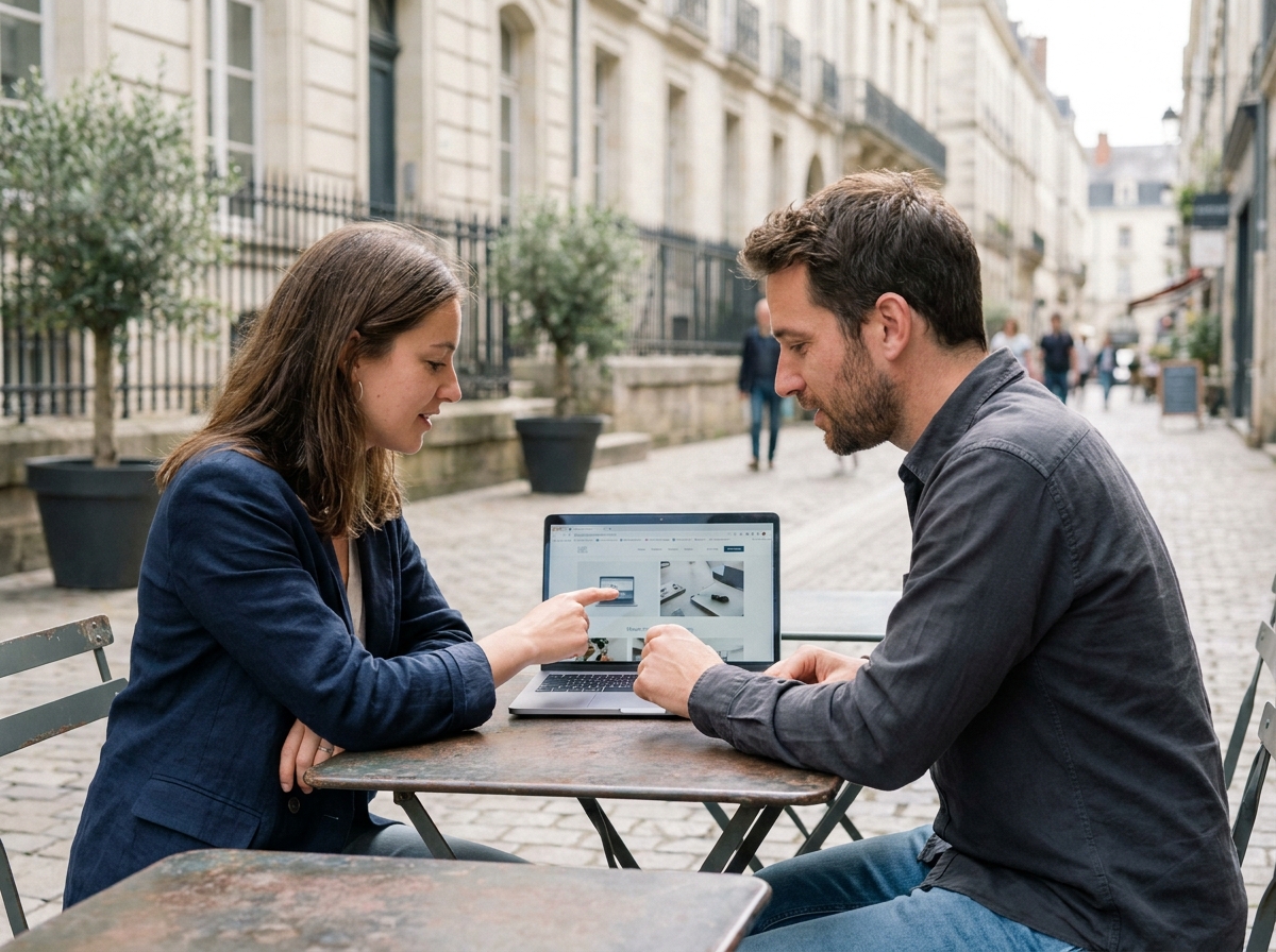 Deux entrepreneurs nantais collaborant sur la création de leur site internet professionnel en terrasse de café