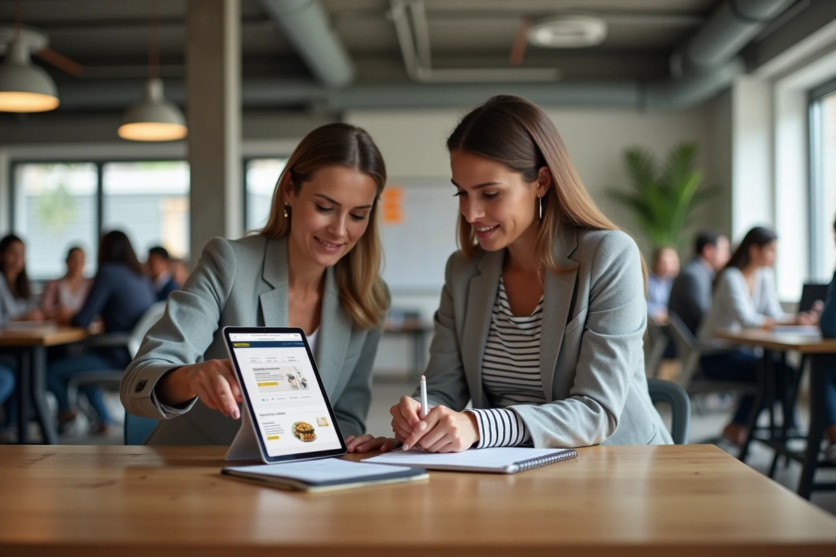 Deux créatrices discutant d'une stratégie de vente de produits numériques sur Stan.store dans un espace de coworking moderne
