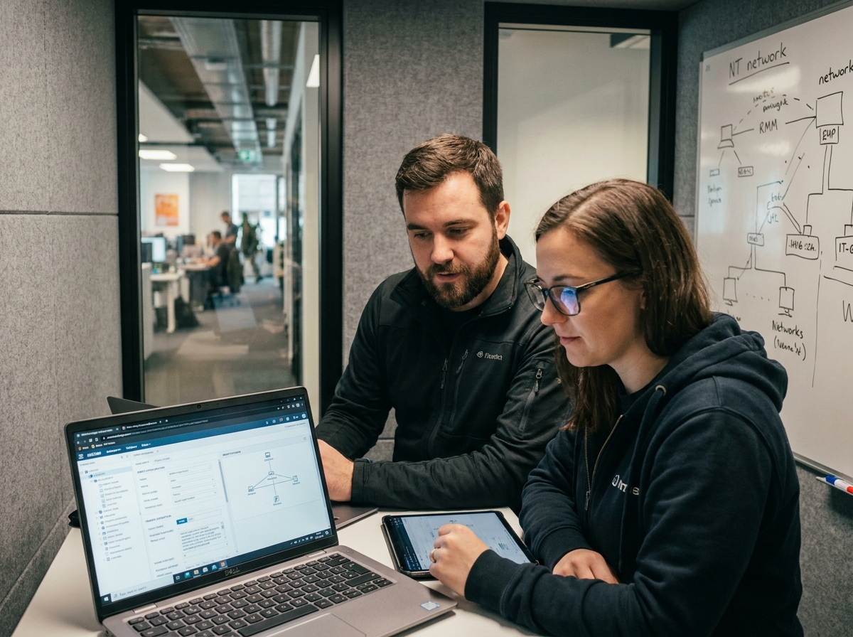 Deux professionnels IT collaborant sur une interface RMM en salle de réunion vitrée