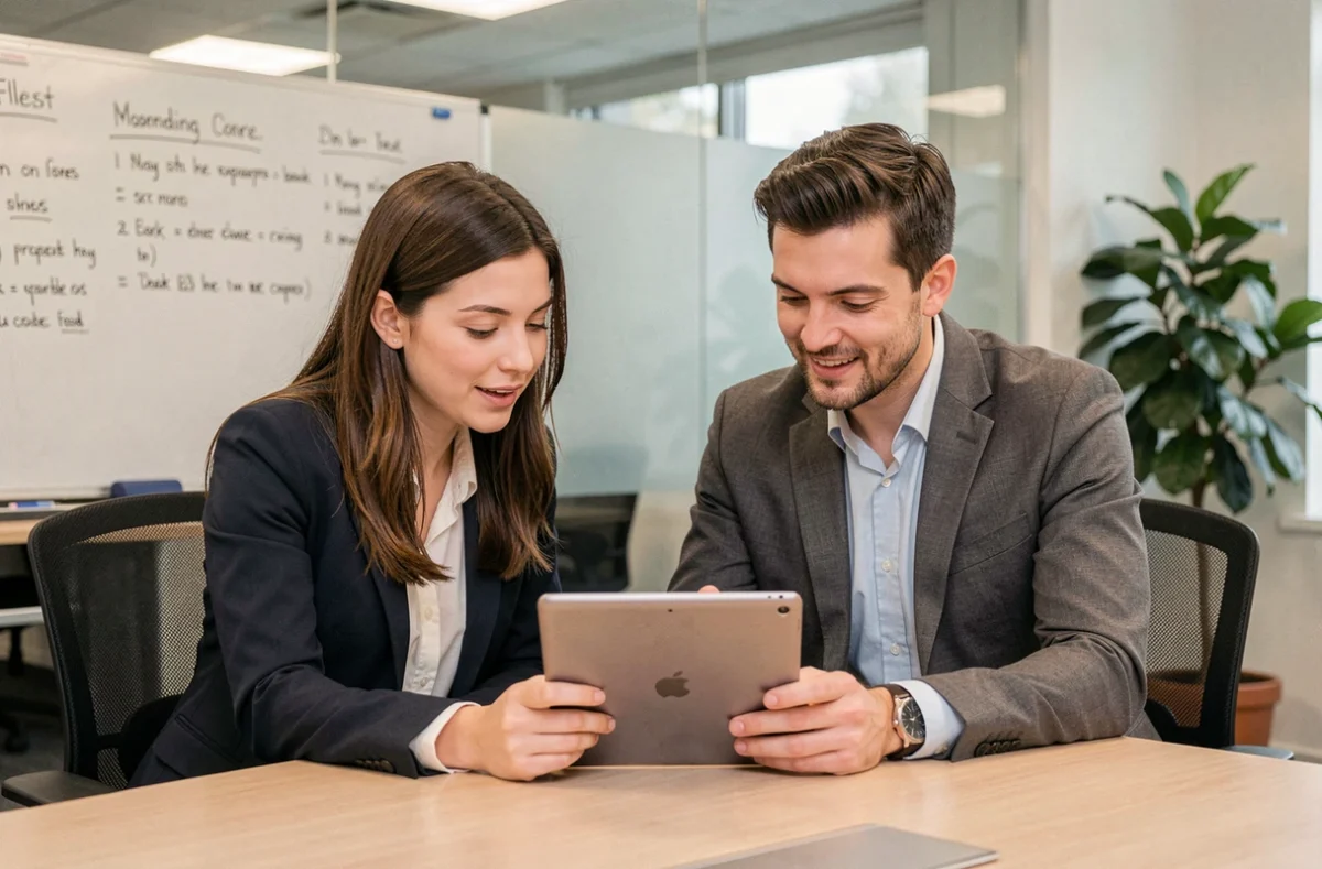 Deux collègues BNP Paribas consultant un guide d'intégration alis sur tablette lors d'une session d'onboarding en salle de réunion