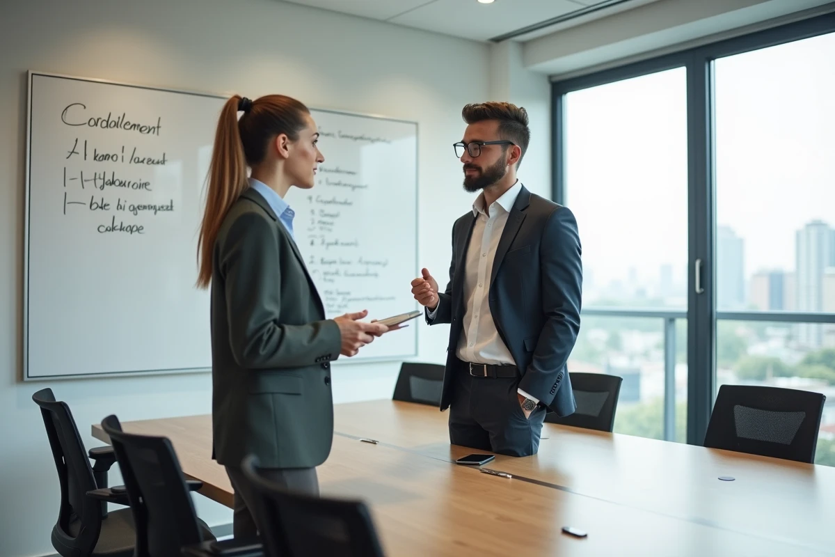Deux coll&egrave;gues discutant des formules de fin d'email professionnelles devant un tableau blanc en salle de r&eacute;union