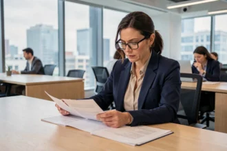 Femme professionnelle comparant des contrats de portage salarial dans un bureau moderne