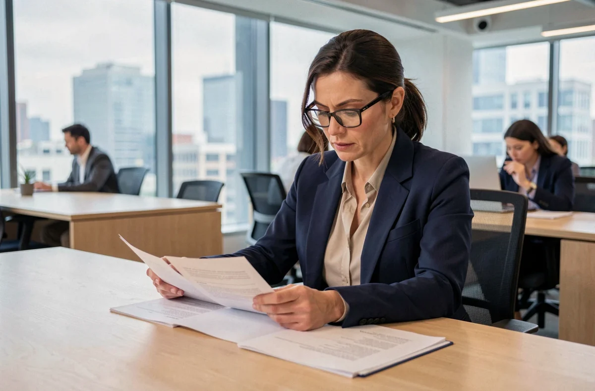 Femme professionnelle comparant des contrats de portage salarial dans un bureau moderne
