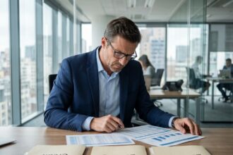 Homme d'affaires comparant des options de crédit, leasing et location pour financer un achat professionnel sans trésorerie disponible