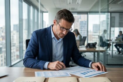Homme d'affaires comparant des options de crédit, leasing et location pour financer un achat professionnel sans trésorerie disponible