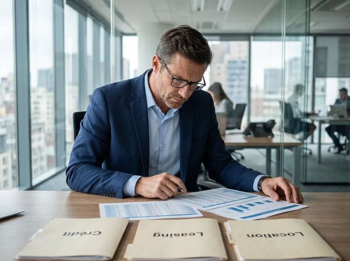 Homme d'affaires comparant des options de crédit, leasing et location pour financer un achat professionnel sans trésorerie disponible