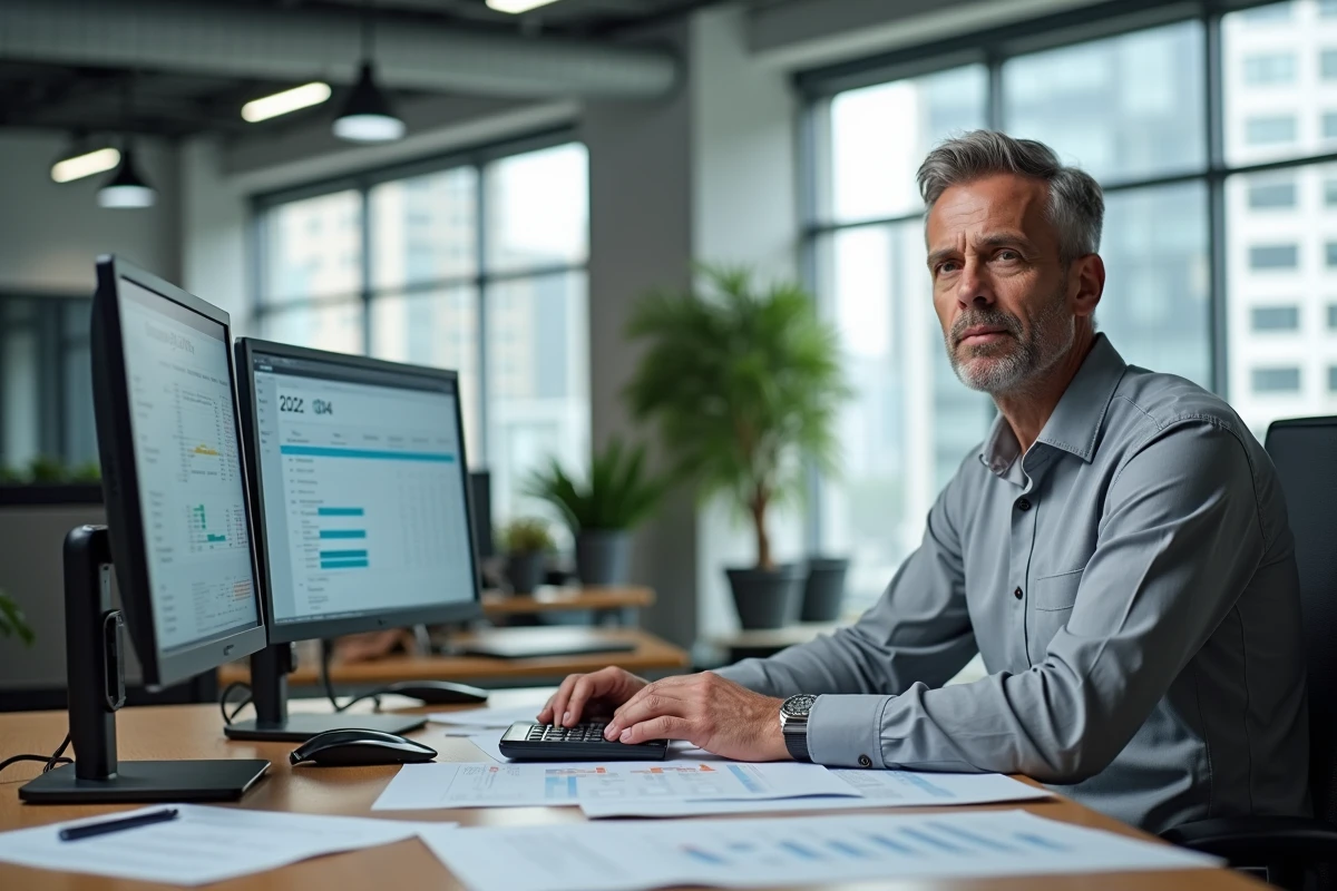 Comptable analysant les grilles de taux horaire chauffeur routier 2026 sur un logiciel de paie en bureau moderne