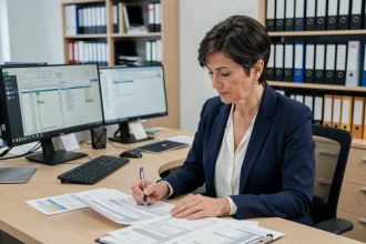 Comptable en train d'annoter des relevés bancaires pour lettrer les prélèvements B2B DGFiP dans un bureau moderne