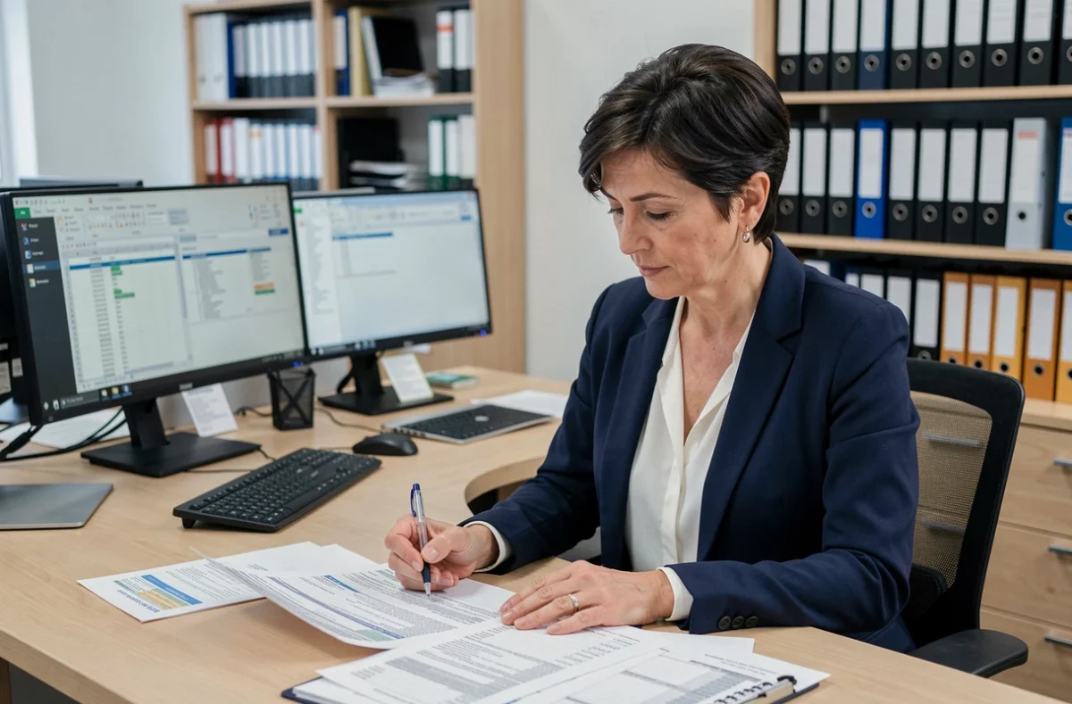 Comptable en train d'annoter des relevés bancaires pour lettrer les prélèvements B2B DGFiP dans un bureau moderne