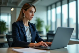 Femme professionnelle se connectant à un portail de gestion de transport en commun sur son ordinateur portable dans un bureau moderne