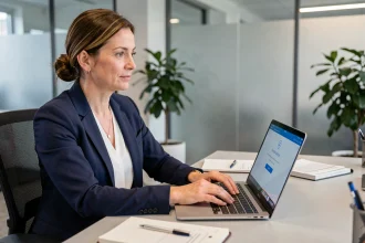 Femme professionnelle connectée à un espace compte sécurisé sur un ordinateur portable en open space