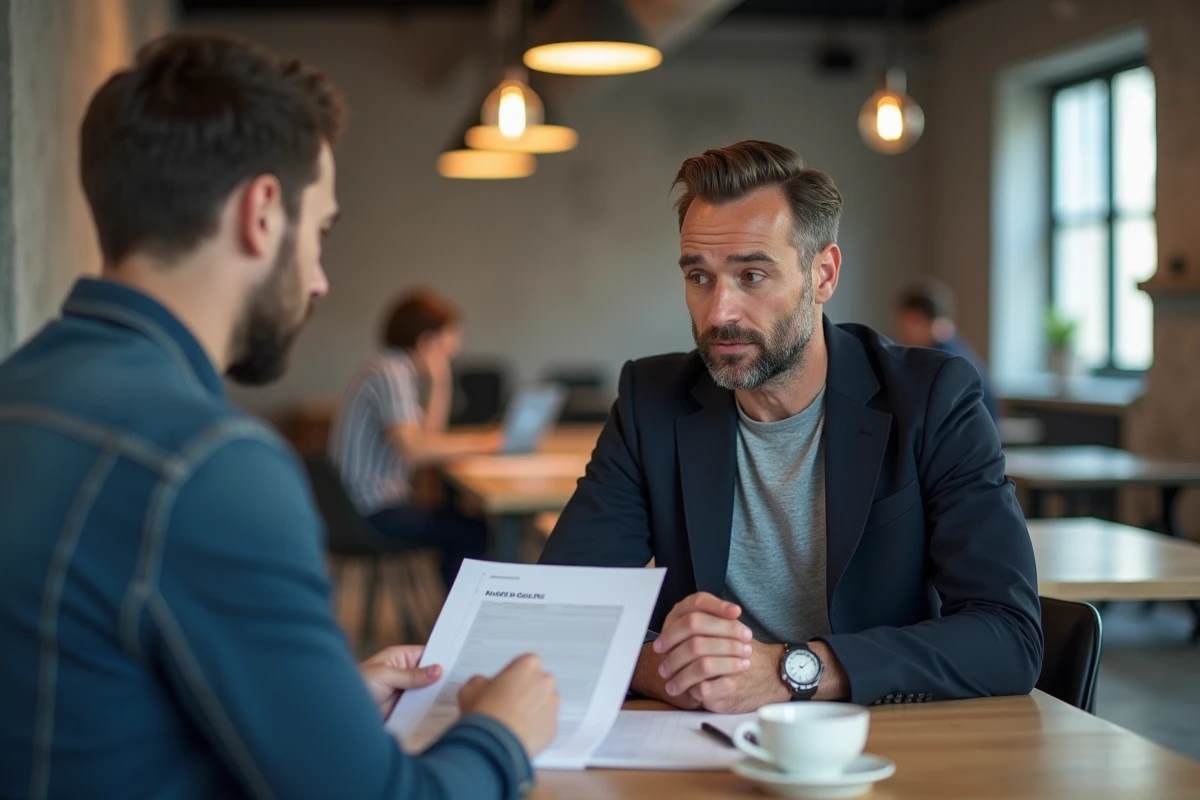 Consultant indépendant en réunion avec un designer pour développer son image de marque professionnelle dans un espace de coworking moderne
