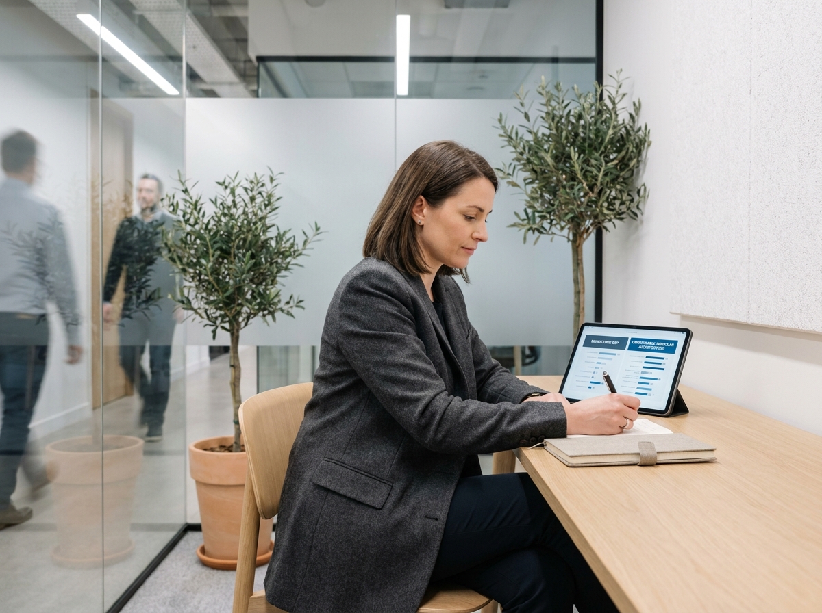 Consultante IT comparant un ERP monolithique à une architecture modulaire composable dans une salle de réunion vitrée