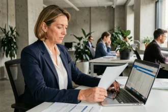 Consultante indépendante en portage salarial analysant ses charges patronales sur des documents comptables dans un bureau moderne