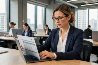 Consultante en portage salarial analysant ses revenus mensuels sur un ordinateur portable dans un espace de coworking moderne