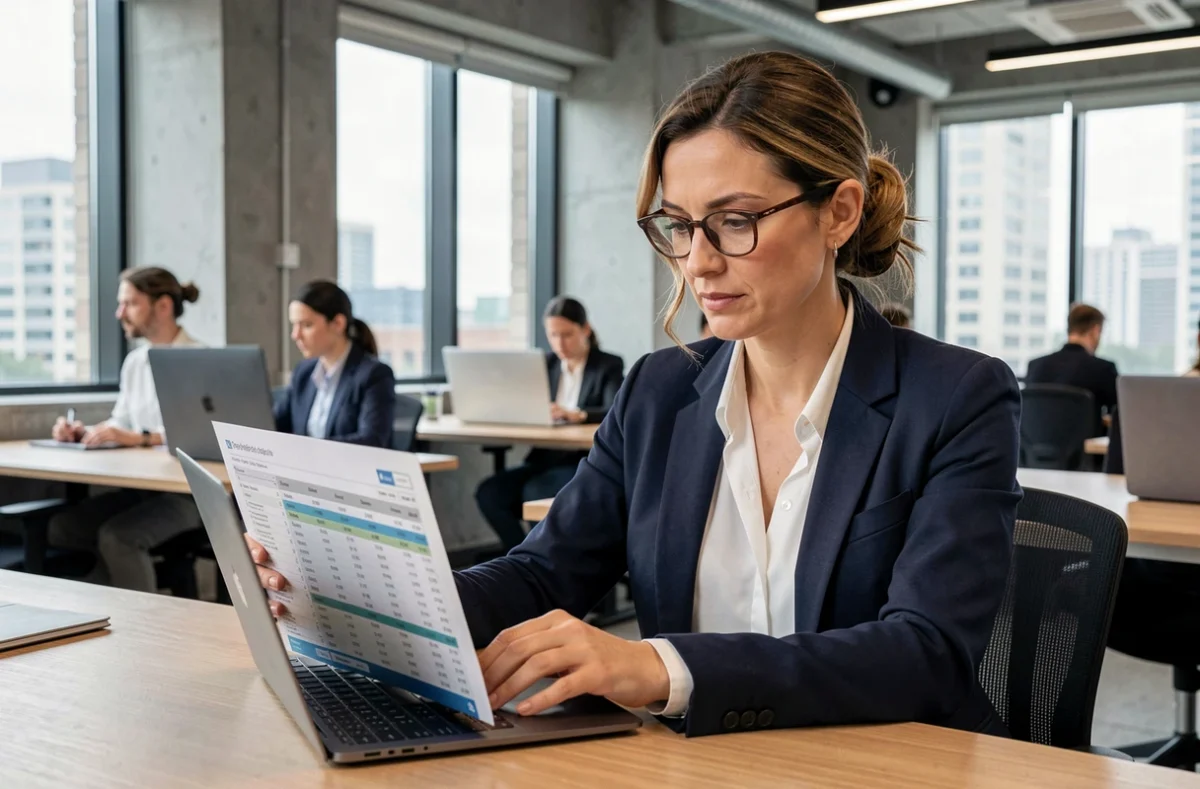 Consultante en portage salarial analysant ses revenus mensuels sur un ordinateur portable dans un espace de coworking moderne