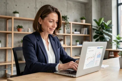 Consultante indépendante en portage salarial analysant ses revenus sur ordinateur portable dans un espace de coworking moderne