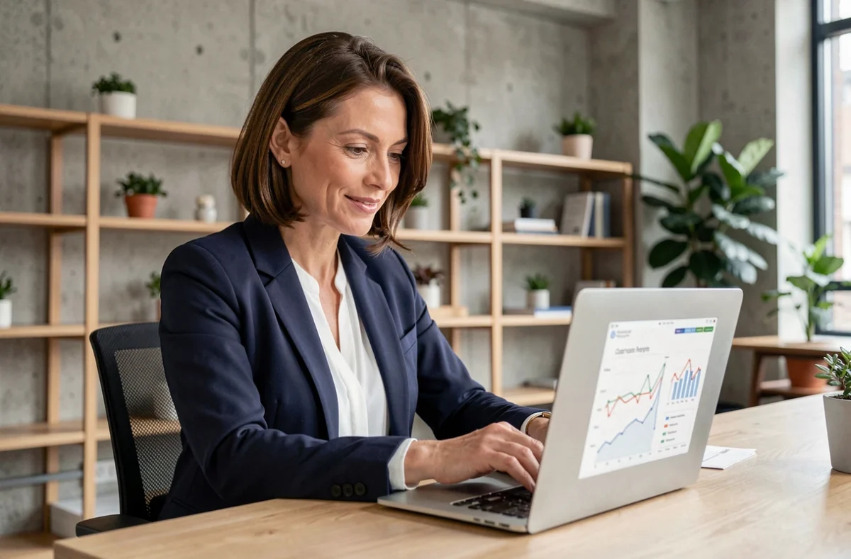 Consultante indépendante en portage salarial analysant ses revenus sur ordinateur portable dans un espace de coworking moderne
