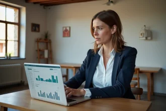 Consultante SEO e-commerce analysant des statistiques de ventes régionales sur un ordinateur portable dans un bureau alsacien à colombages