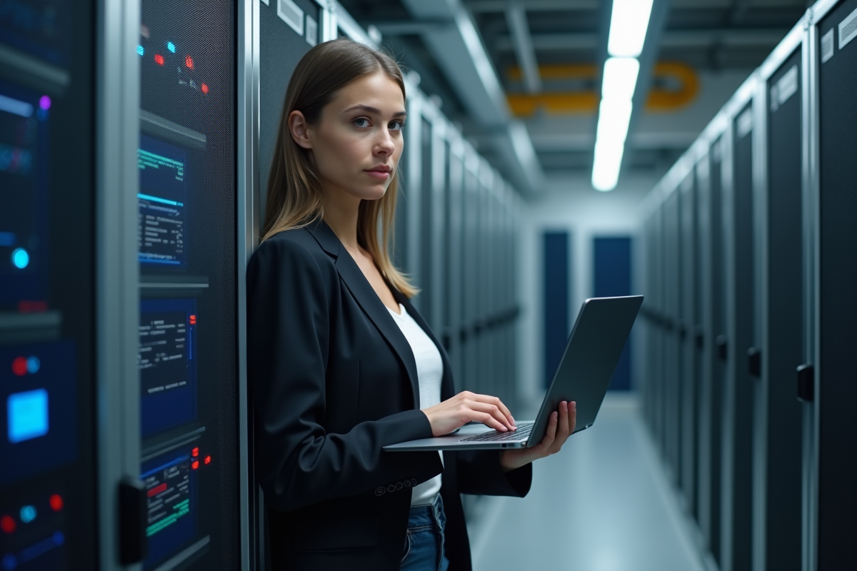 Jeune consultante IT dans une salle serveurs high-tech