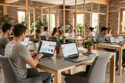 Espace de travail moderne dans les Pays de la Loire avec des consultants SEO travaillant sur des tableaux de bord analytiques