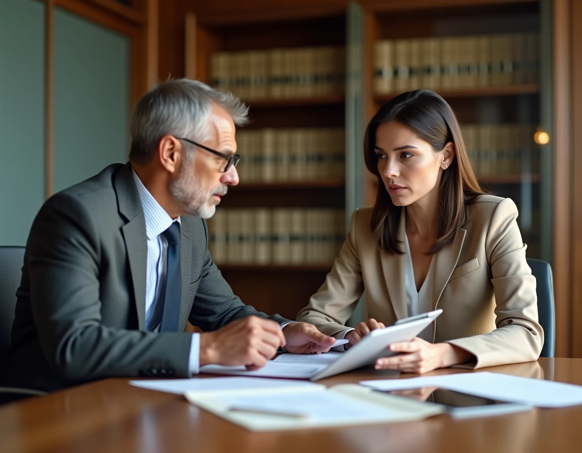 Deux professionnels discutant des risques juridiques et des options d'assurance pour une entreprise en salle de réunion