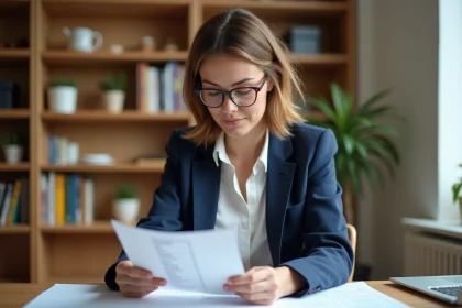 Femme consultant une liste de marques françaises RezoActif à son bureau à domicile