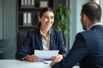 Femme en blazer navy souriante lors d'une consultation en bureau