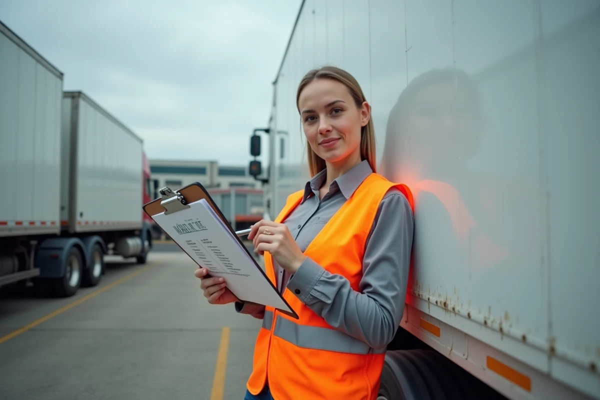 Coordinatrice logistique dans un dépôt de camions consultant des documents de taux horaire chauffeur routier