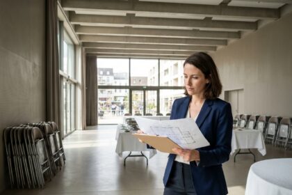 Coordinatrice événementielle inspectant une salle de réception au nord de Paris avant réservation