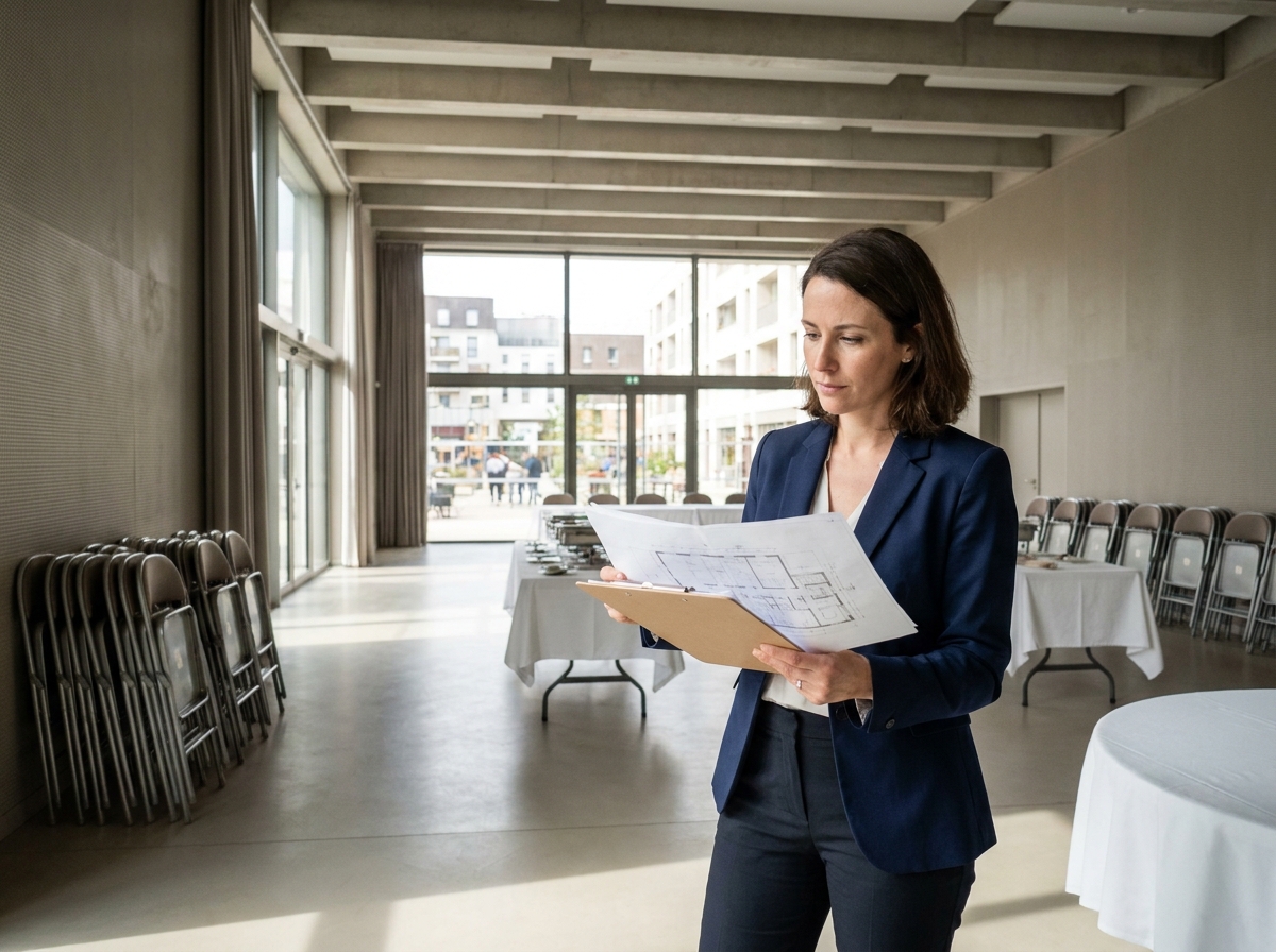 Coordinatrice événementielle inspectant une salle de réception au nord de Paris avant réservation