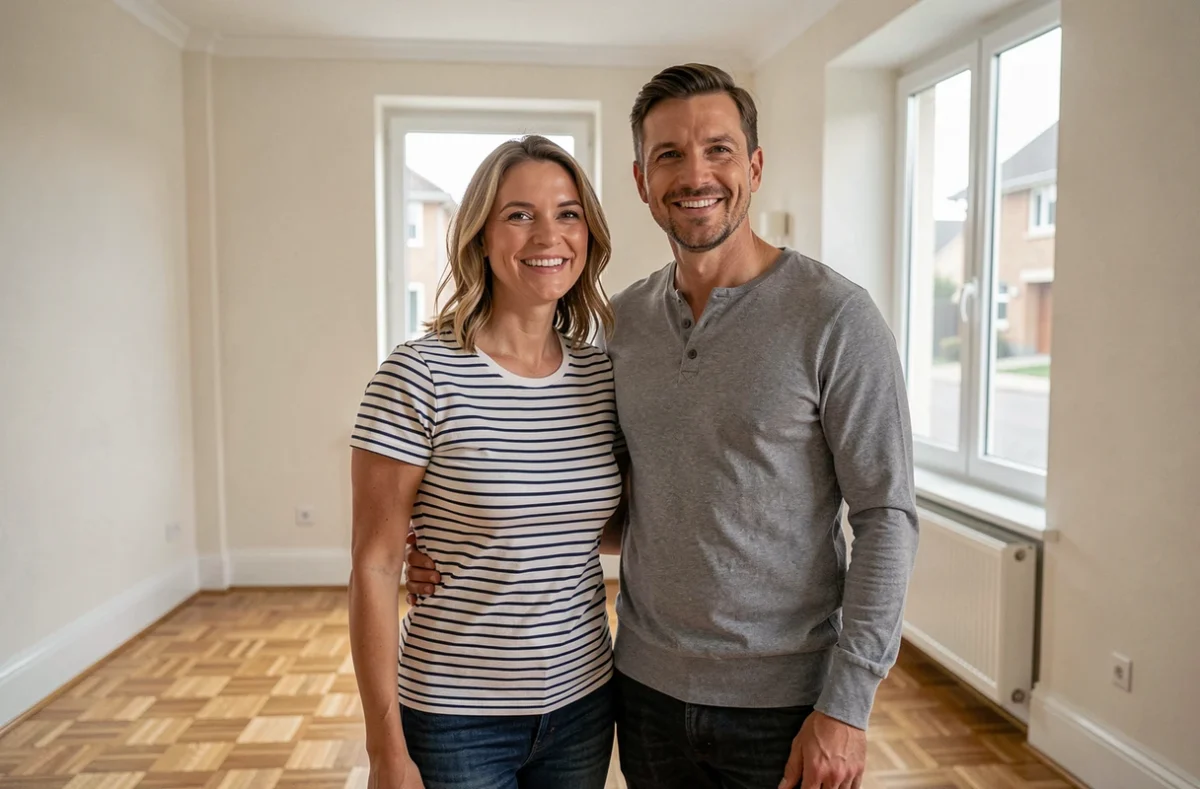 Un couple satisfait admire leur salon entièrement rénové avec parquet neuf et murs fraîchement peints