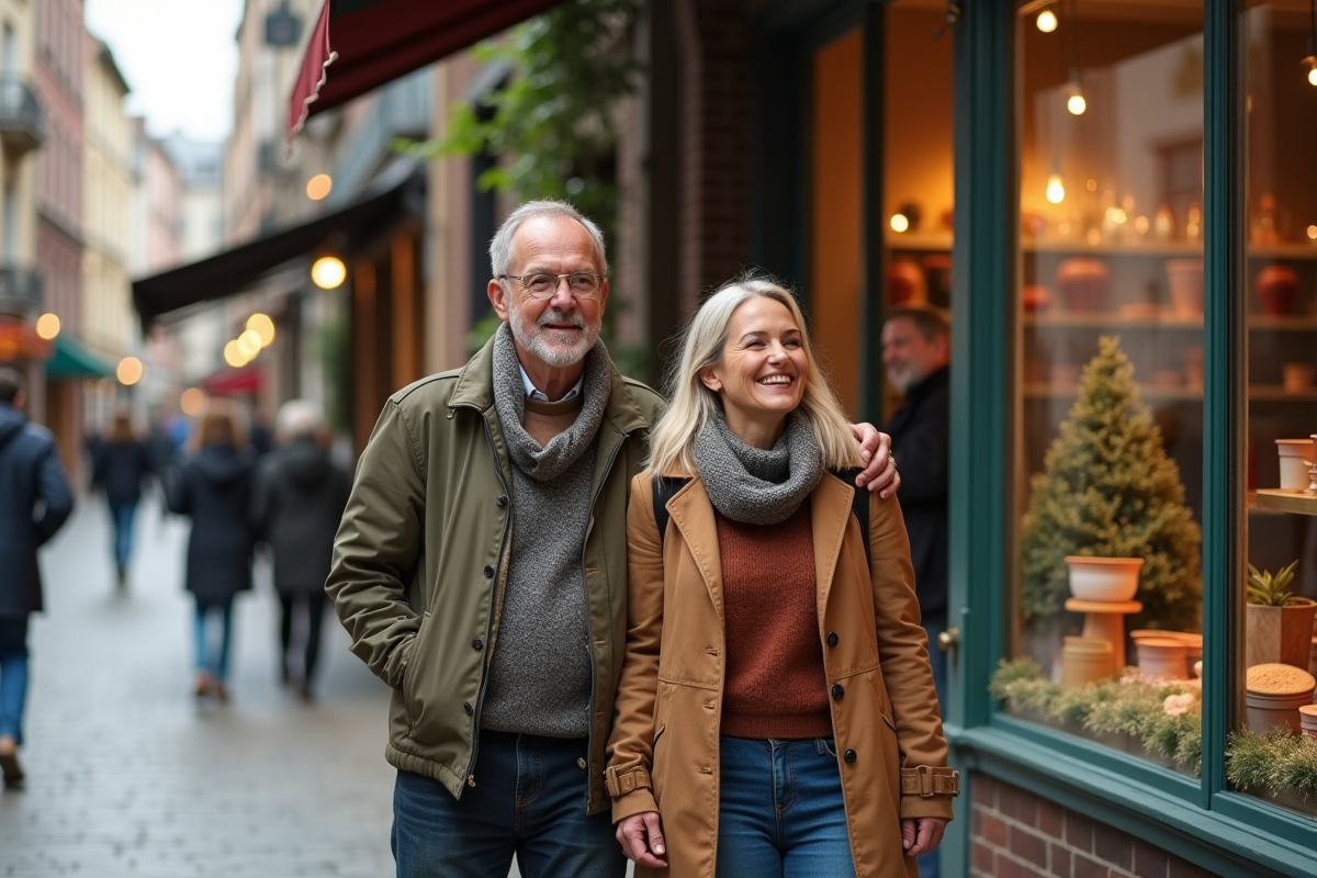 Couple souriant dans une rue piétonne avec boutique et vitrine