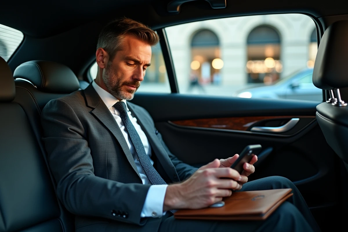 Courtier AXA gérant ses contrats d'assurance sur smartphone dans un véhicule professionnel en déplacement