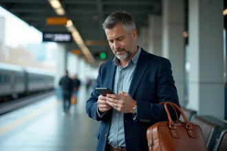 Agent courtier AXA consultant l'extranet courtage sur smartphone en déplacement dans une gare moderne