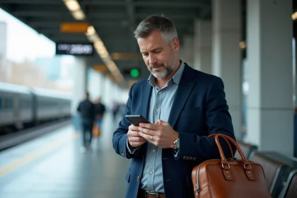 Agent courtier AXA consultant l'extranet courtage sur smartphone en déplacement dans une gare moderne