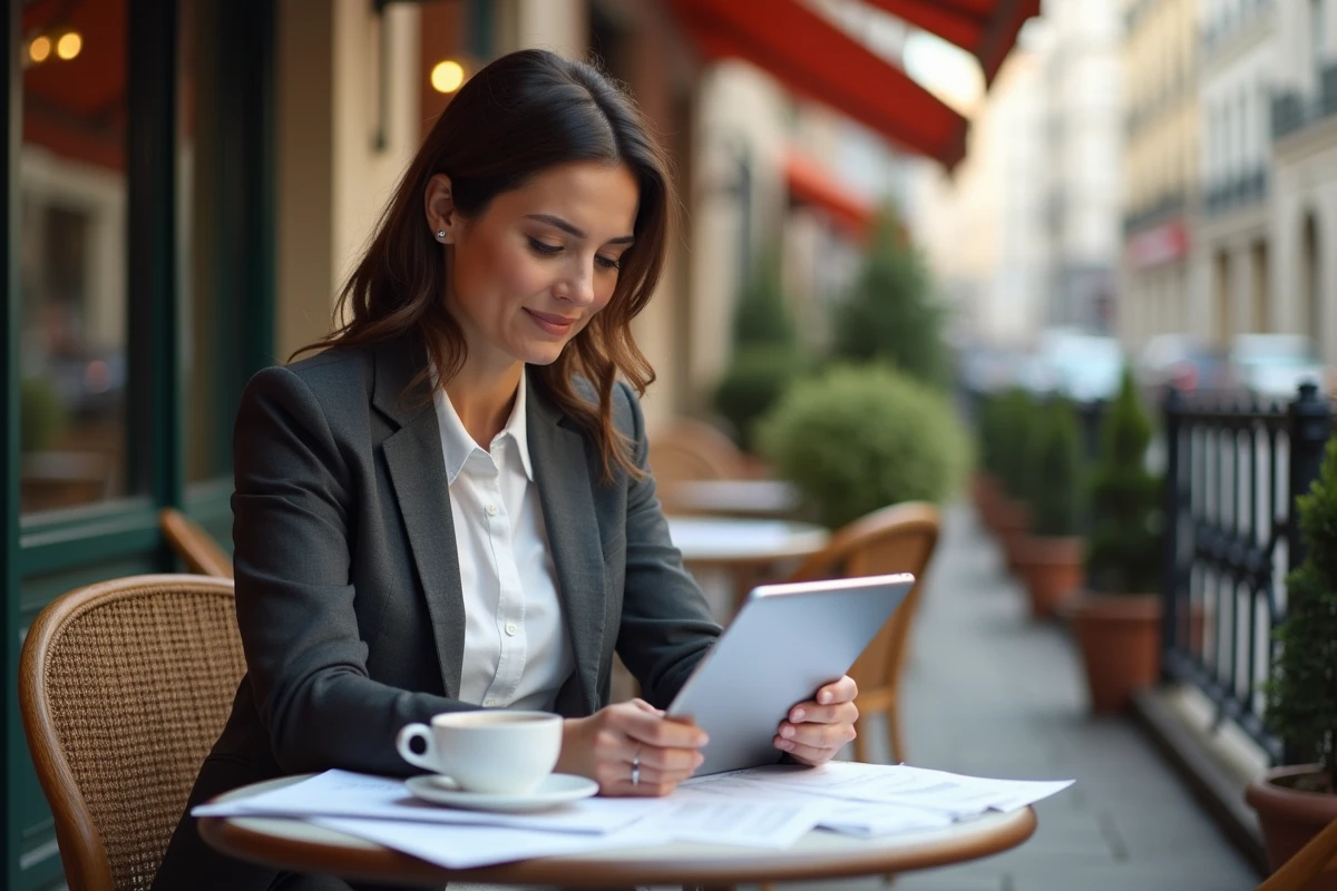 Courtière en assurance travaillant sur ses contrats AXA via tablette en terrasse de café