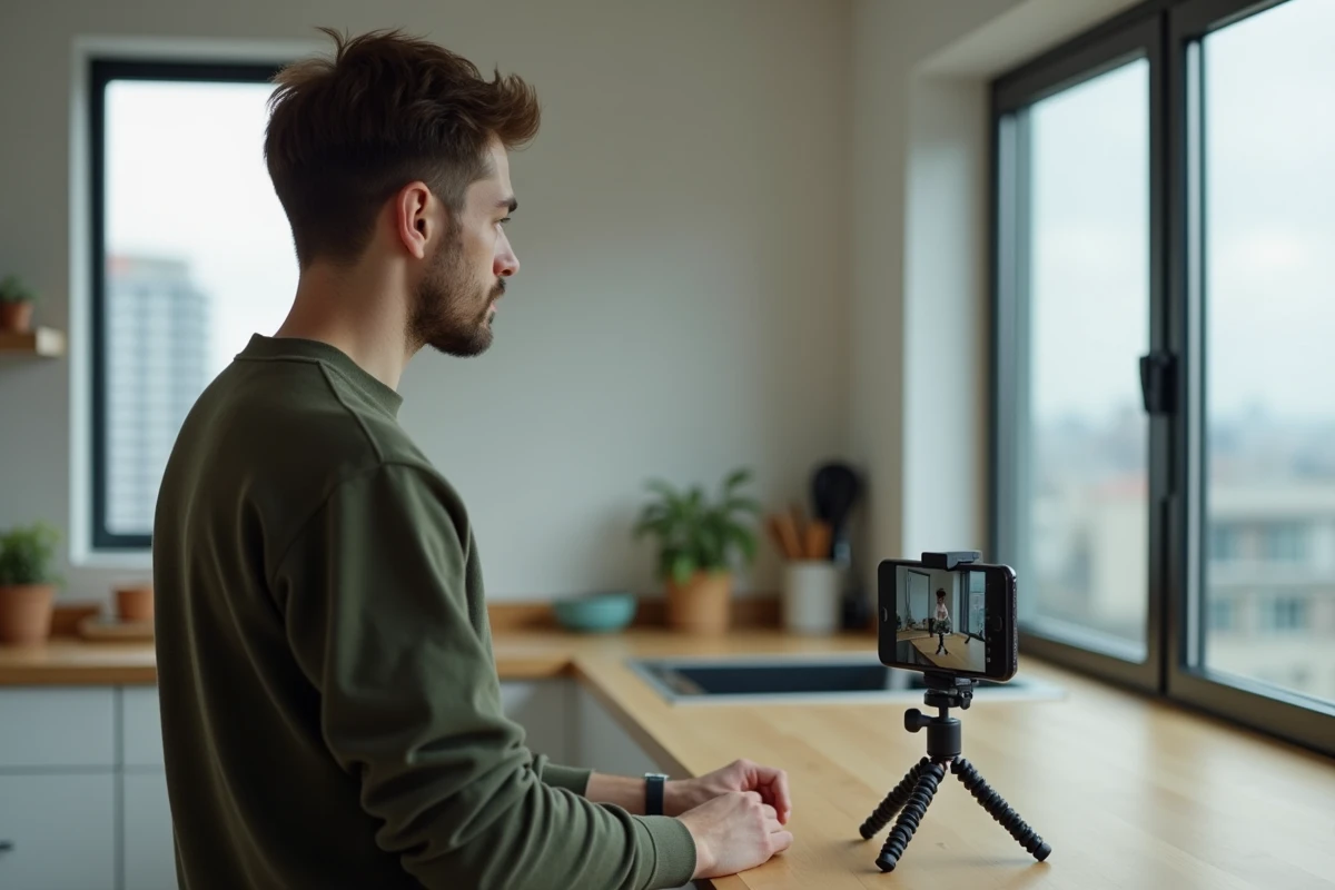Créateur de contenu masculin filmant une vidéo pour monétiser son audience via une boutique en ligne Stan.store