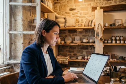 Cheffe d'entreprise nantaise créant son site internet professionnel depuis sa boutique artisanale