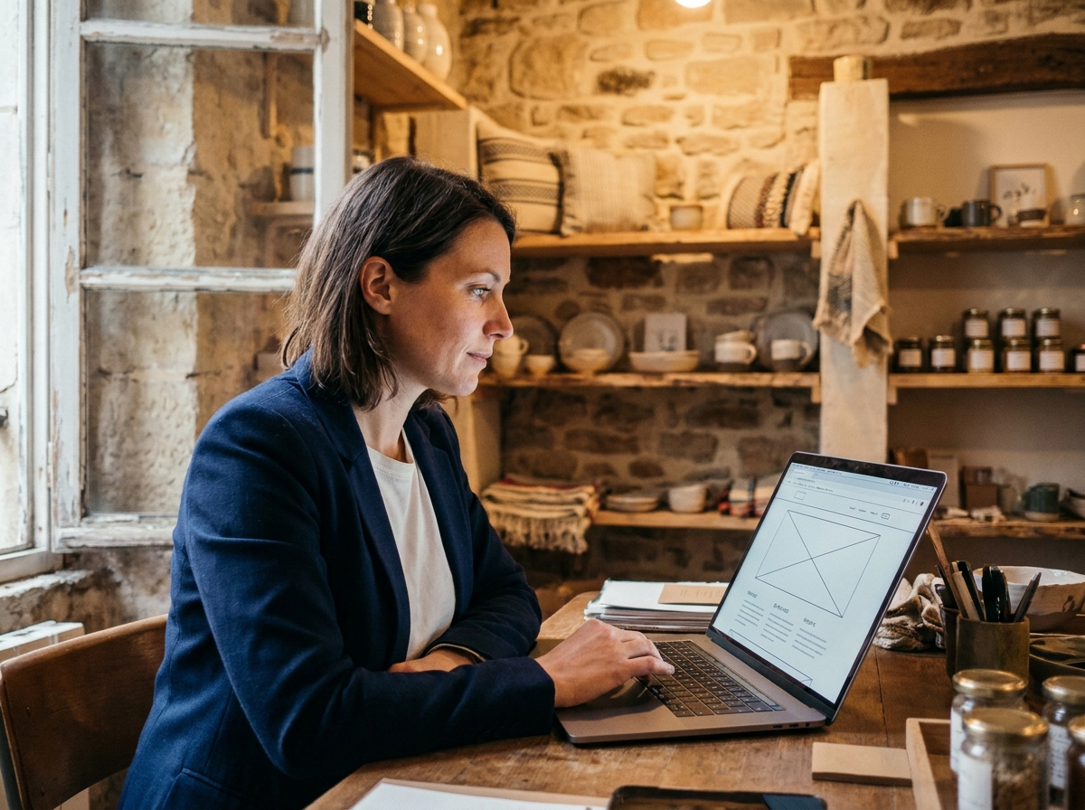 Cheffe d'entreprise nantaise créant son site internet professionnel depuis sa boutique artisanale