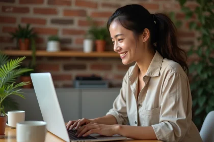 Créatrice de contenu consultant son tableau de bord Stan.store sur un ordinateur portable dans un bureau à domicile chaleureux