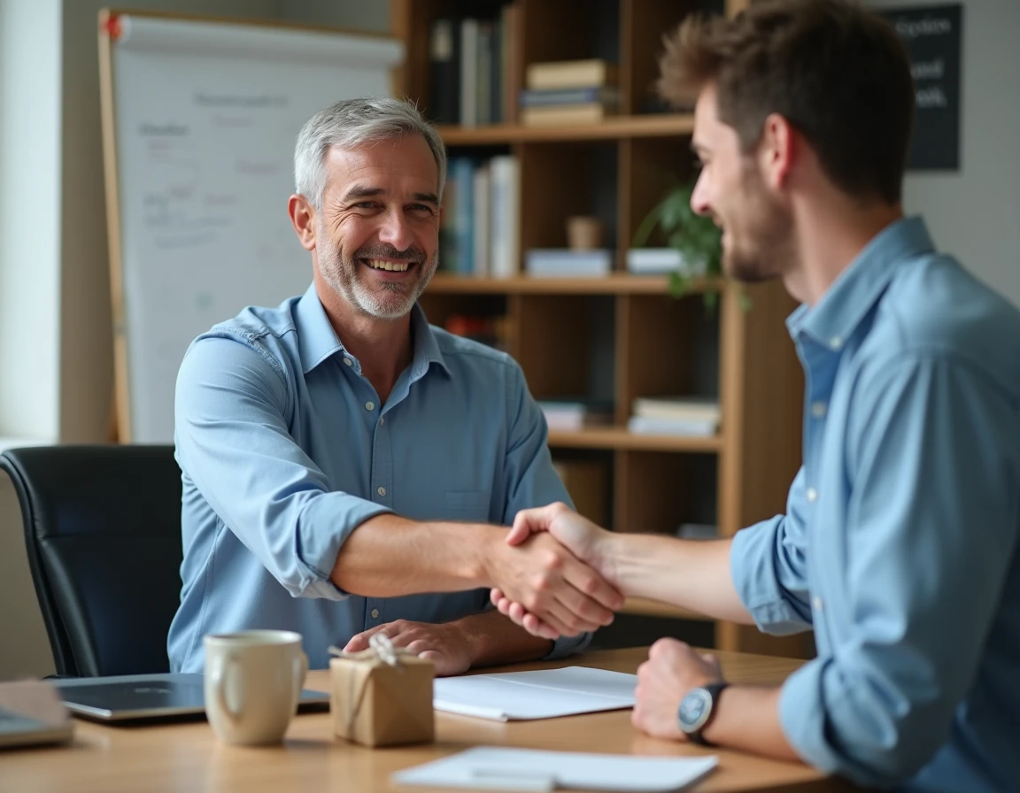 Collègue masculin recevant une poignée de main et un cadeau lors de son départ de l'entreprise