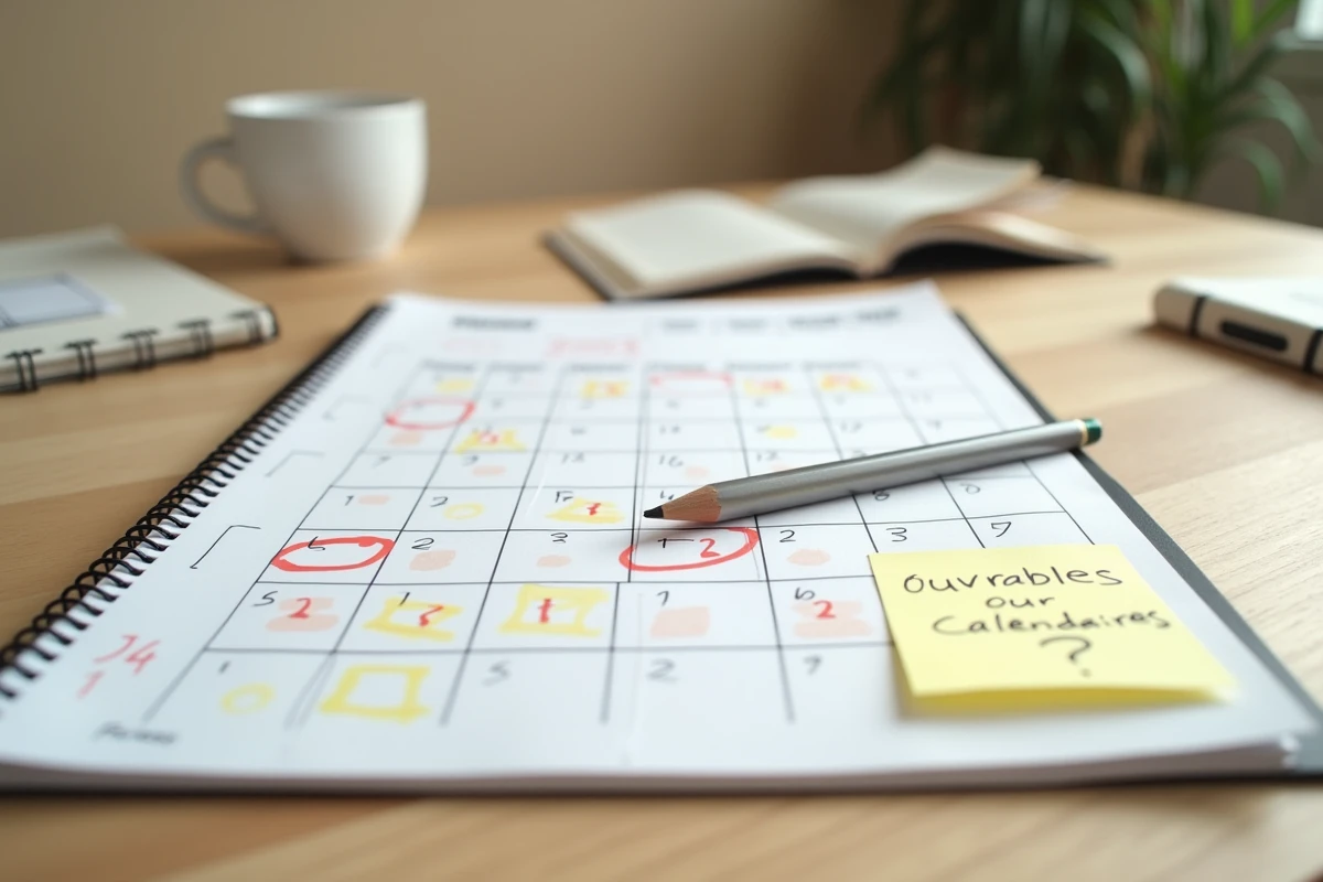 Gros plan sur un calendrier annoté avec des calculs de jours ouvrables et calendaires sur un bureau