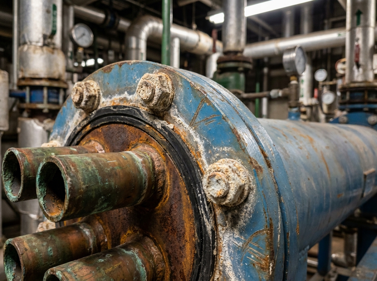 Gros plan sur les tubes et joints d'un échangeur thermique tubulaire dans une usine chimique industrielle
