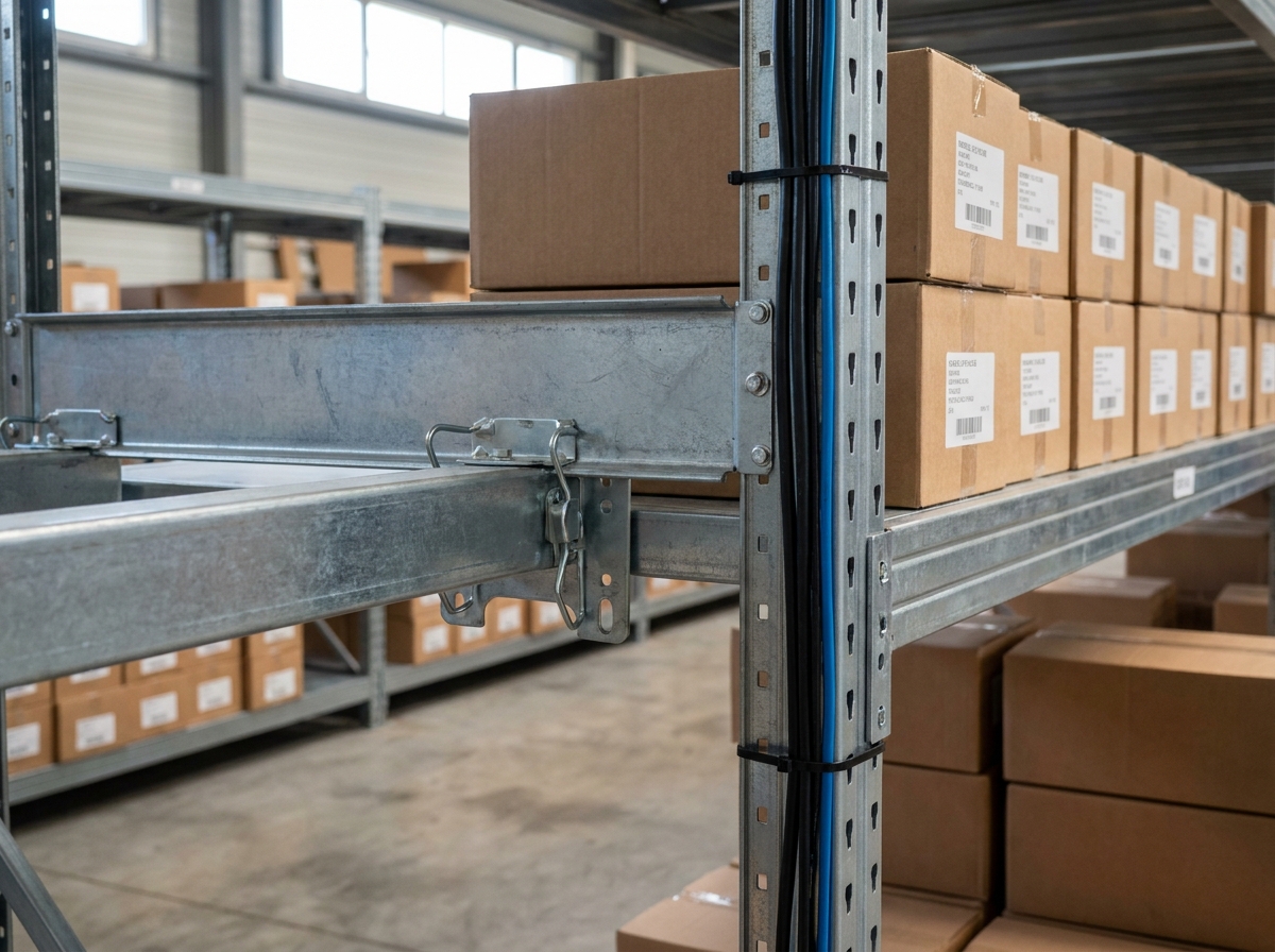 Détail de rayonnage métallique professionnel avec des cartons étiquetés dans un entrepôt logistique en Gironde