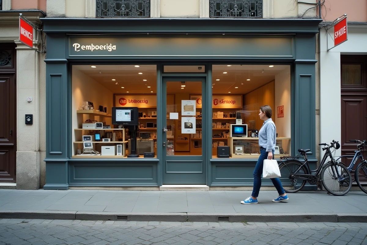 Devanture d'une boutique multiservice à Lyon 8 proposant à la fois du matériel informatique et un service de point relais colis