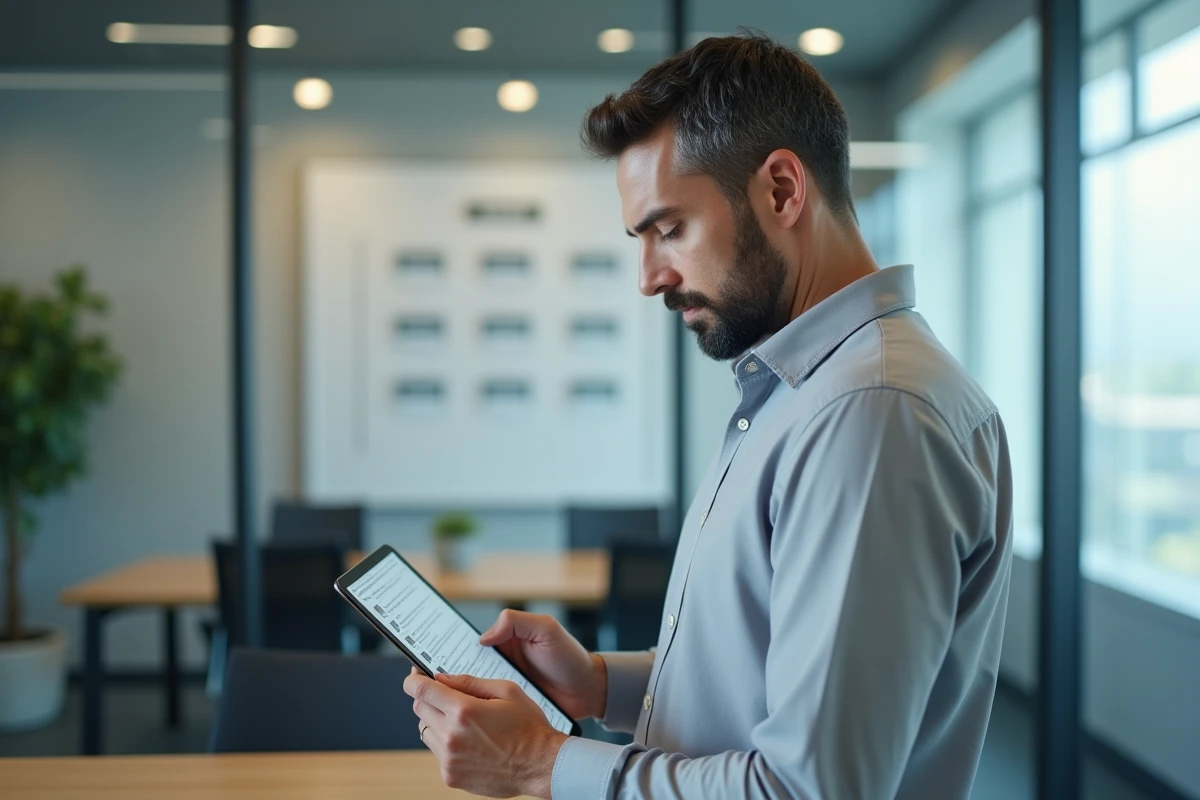 Directeur des ressources humaines consultant un dossier employé dématérialisé sur tablette numérique